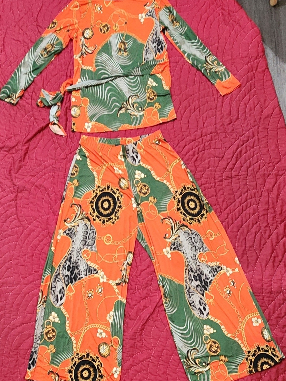 Vibrant Orange & Green Printed Two-Piece Set